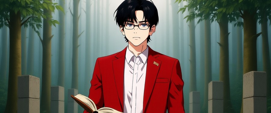A generated panel of a character holding an open book in a bamboo grove