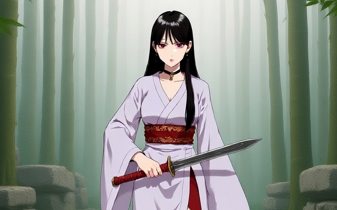 A character generated on-model from her registered reference sheet, standing in a bamboo grove