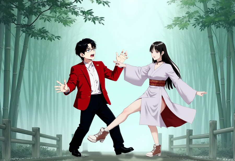 Two characters mid-action in one panel
