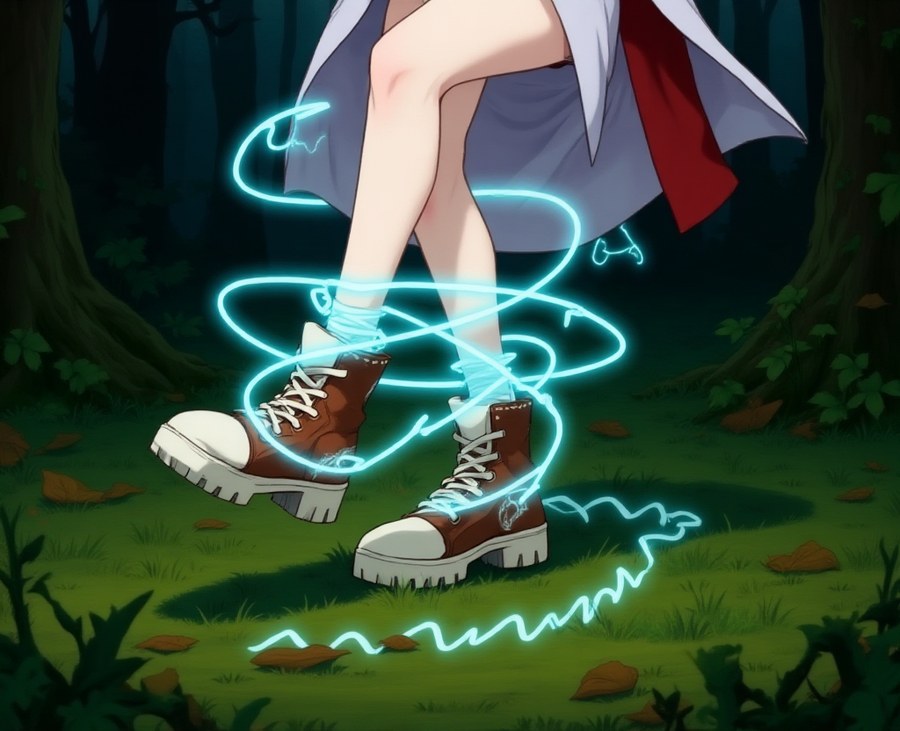 A close-up of two characters' footwear tangled together