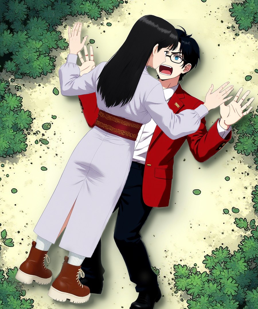 Two characters colliding, seen from above