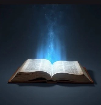 A generated prop study: an open tome with light rising from its pages