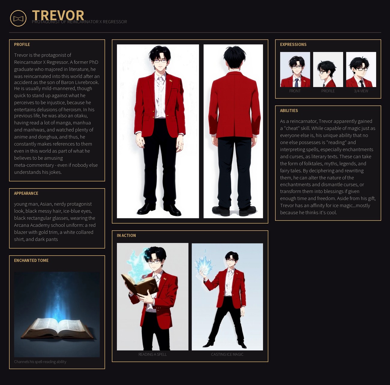 A generated character reference sheet: front and back full-body views, three expression crops, an in-action pair, and a prop study