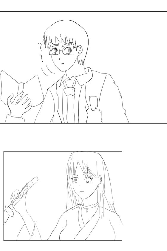 Hand-drawn storyboard, panels 1 and 2