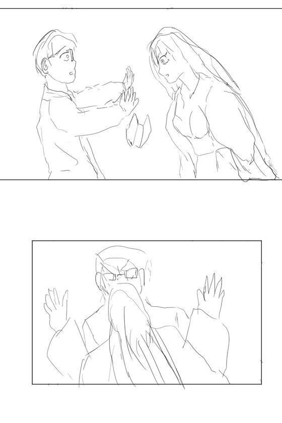 Hand-drawn storyboard, panels 11 and 12