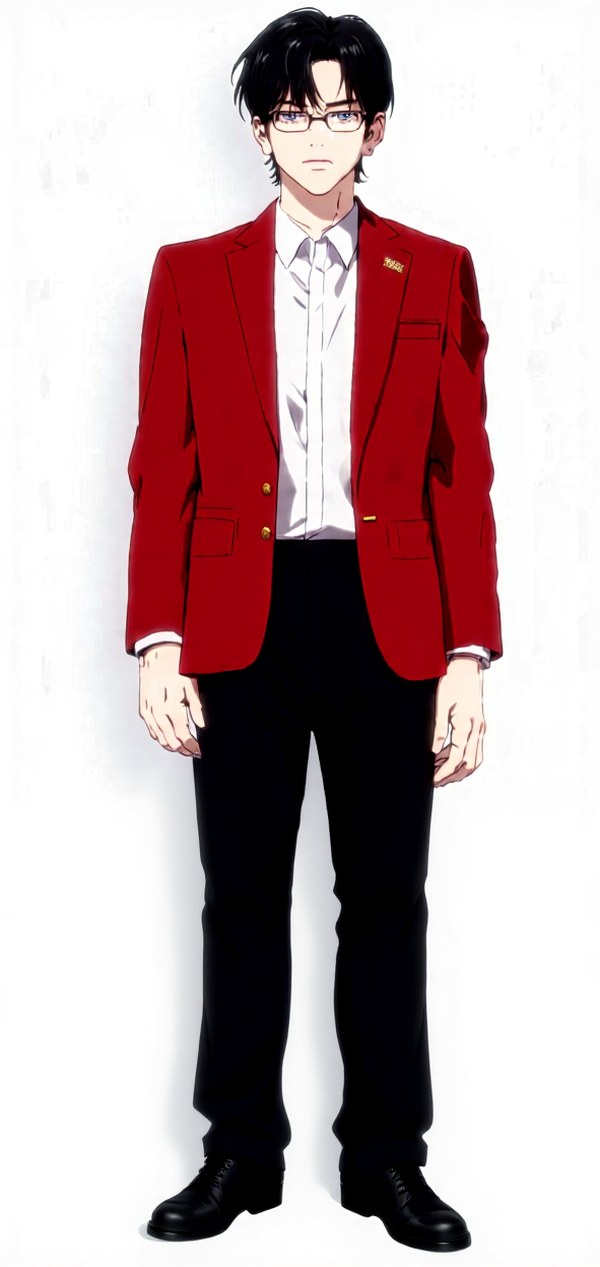 Trevor's front-facing full-body reference render, in a red blazer