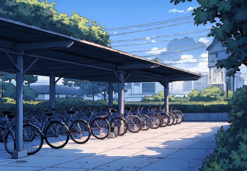 A row of parked bicycles with correct frame geometry, rendered with FLUX