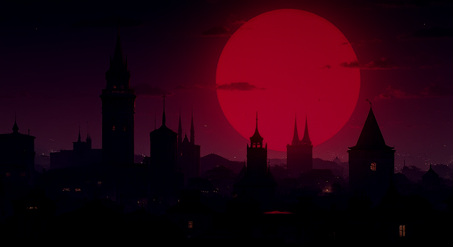 Grimdark city skyline under a blood-red moon — generated by this MCP server