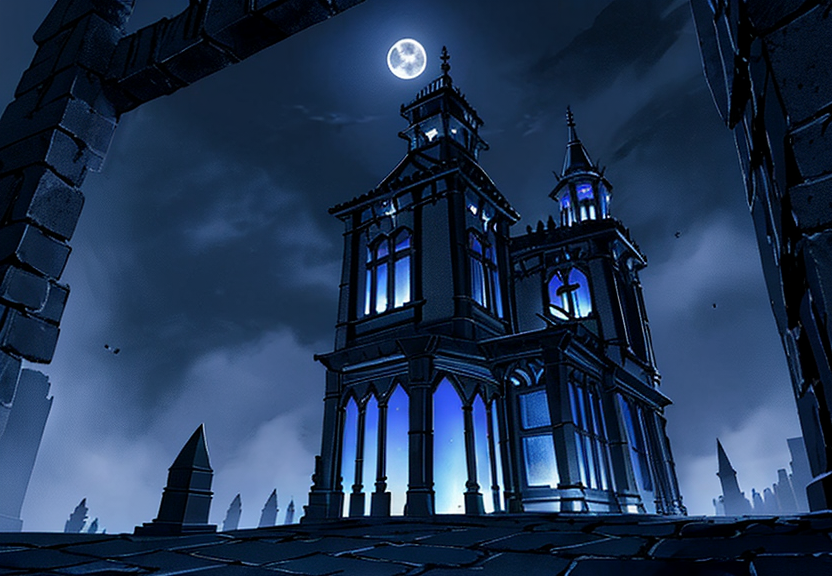 Blue moonlit clocktower at night