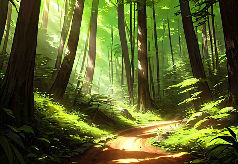 Sunlit forest path, manhwa style