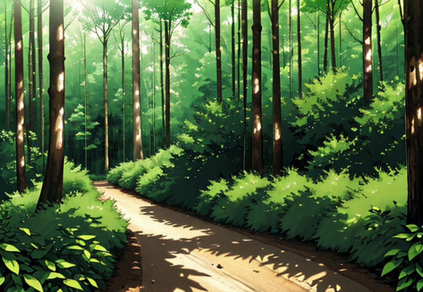 Solstice forest path with dappled light