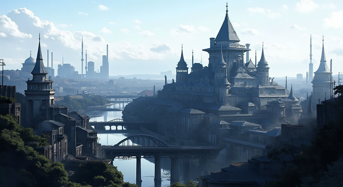 Furnace-lit gothic hive-city vista — generated by this MCP server