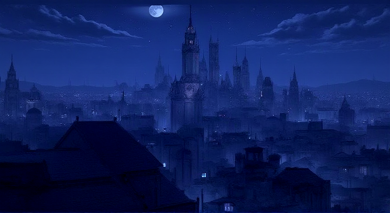 Moonlit gothic district rendered from a persistent 3D city