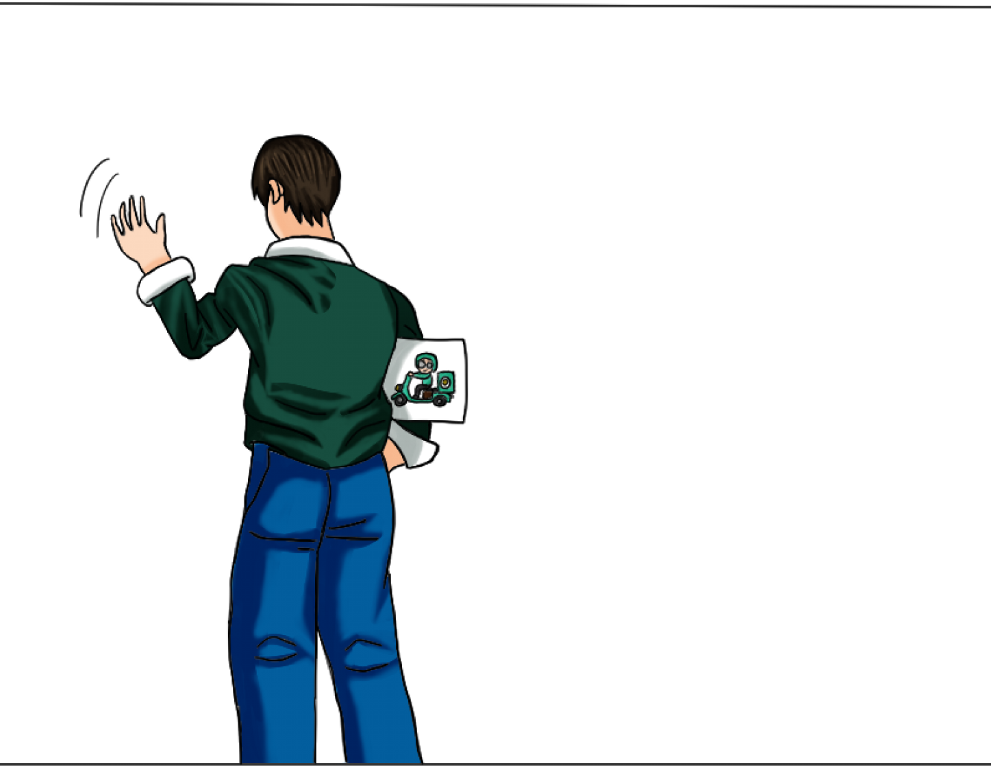 Mikhail, a drawn character, waving with no background yet