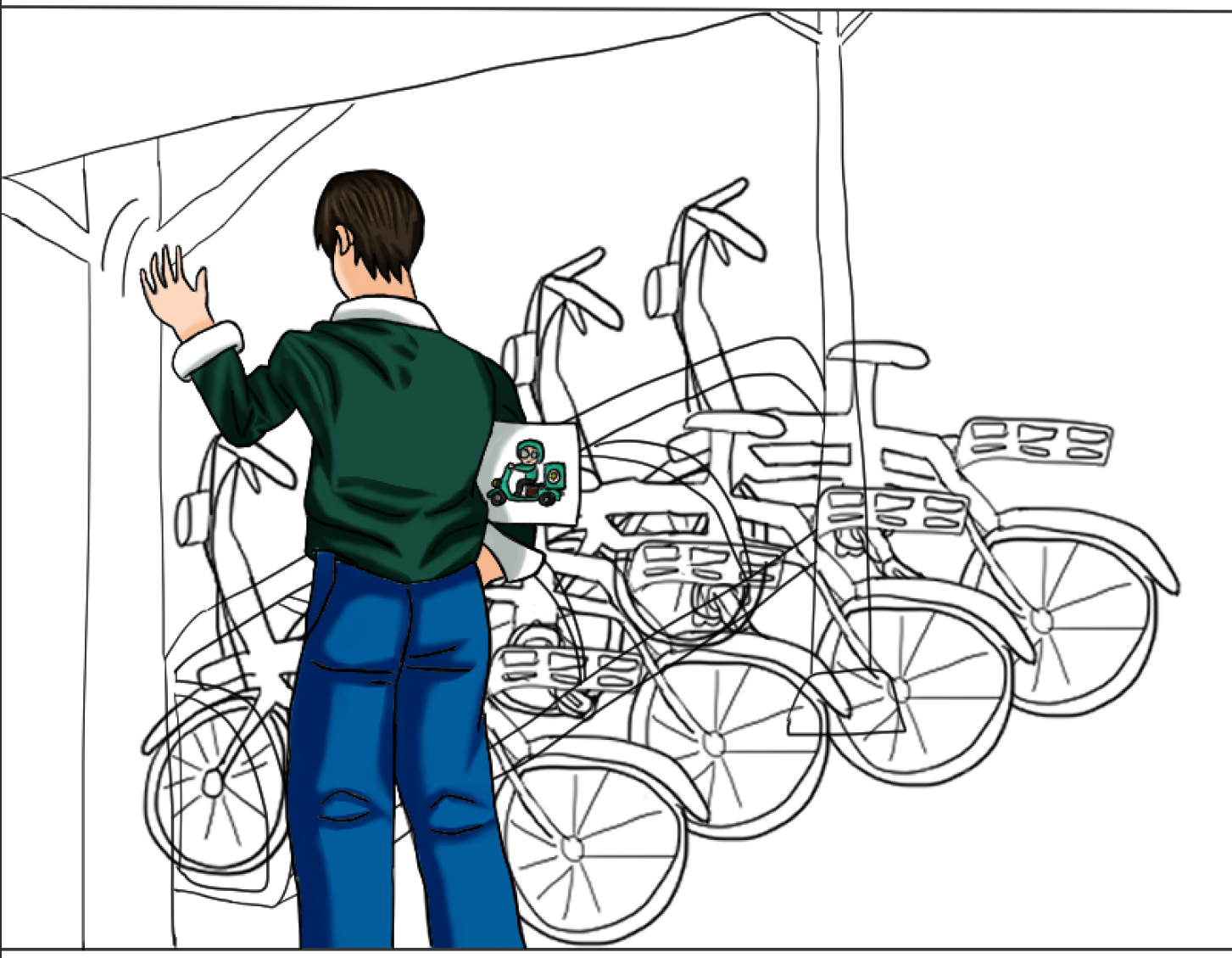 Mikhail with a rough sketch of a bicycle rack drawn in behind him