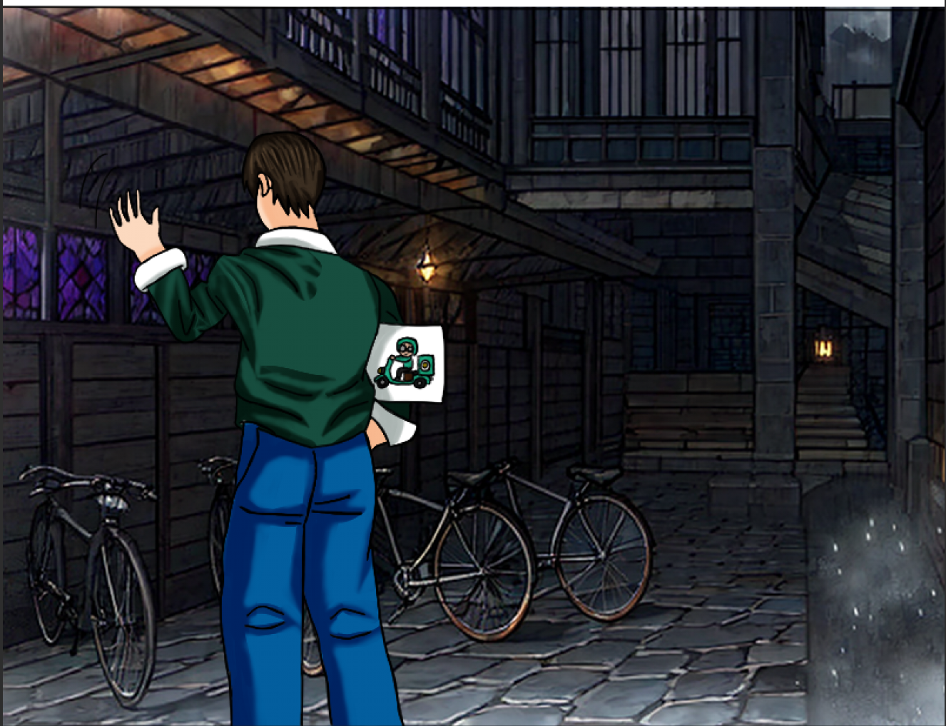 Mikhail standing in the finished, MCP-generated gothic courtyard background