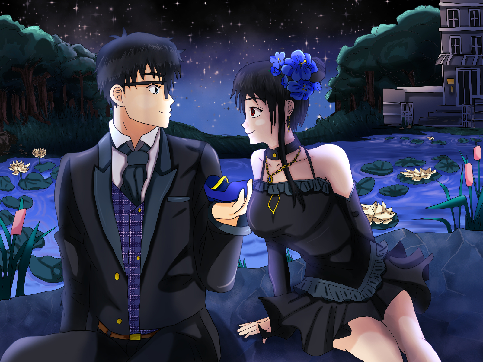 Trevor offering Lumiere a shoe by a moonlit lily pond — a Cinderella moment