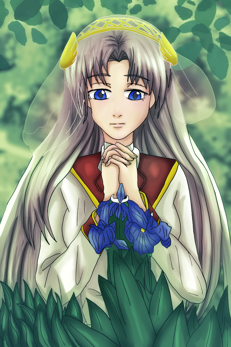 Silvia — silver-haired maiden in a veil, holding blue irises