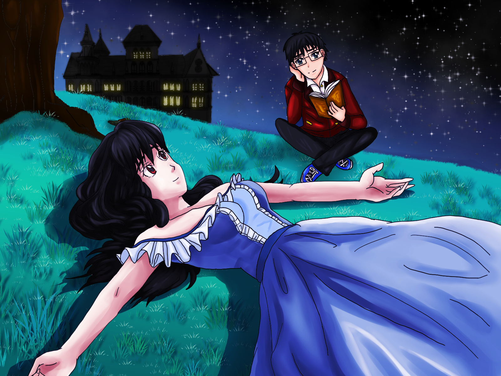 Lumiere lying on the grass under a starry sky, Trevor reading nearby