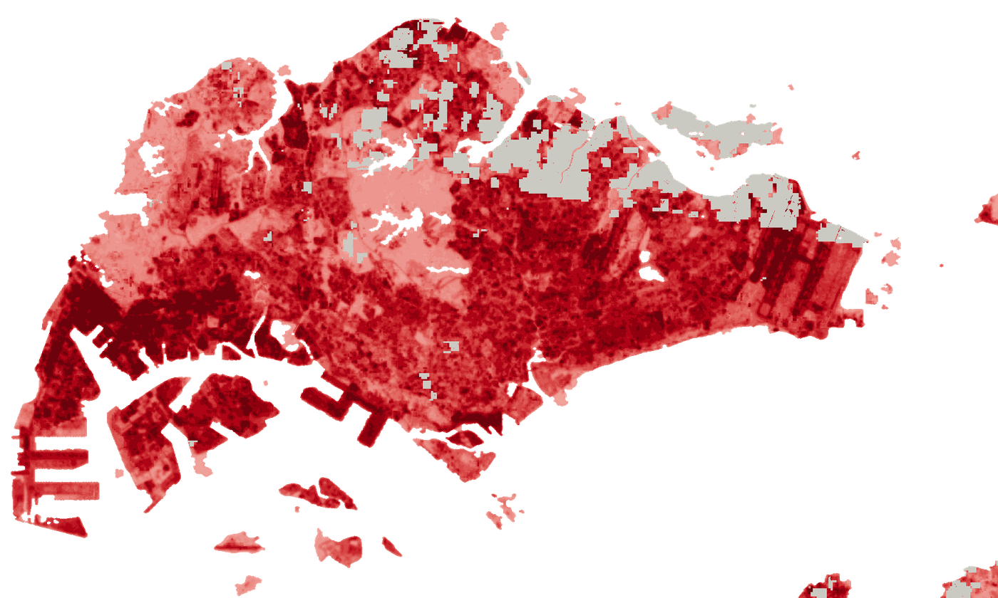 Satellite land-surface temperature across Singapore. The airports and the
                      western industrial estates are the hottest ground on the island; the central
                      catchment forest is the coolest.