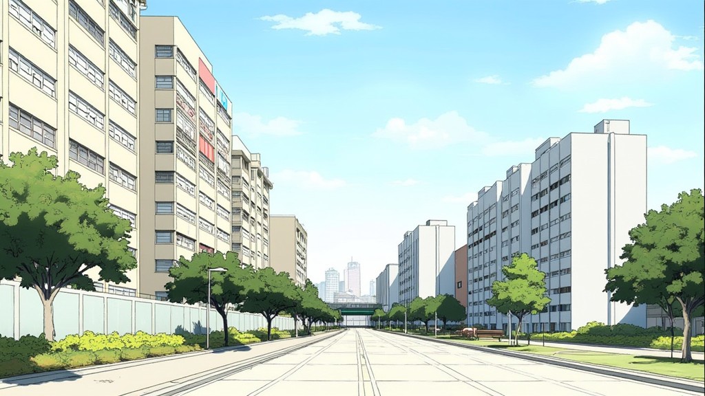 A manhwa-styled illustration of HDB blocks along a street under a bright midday sun
