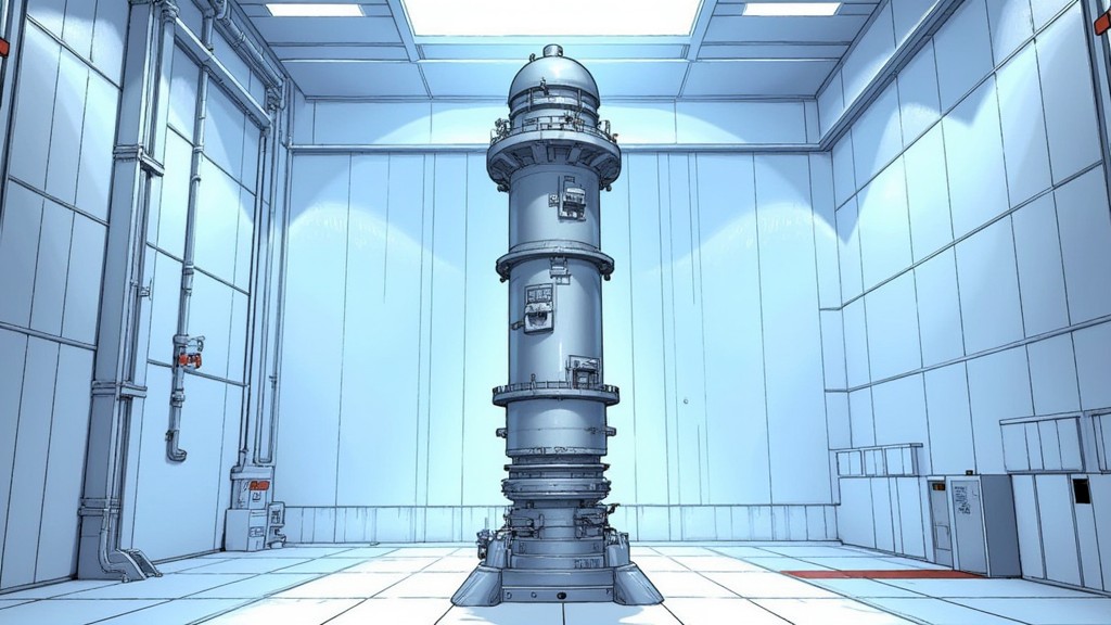A manhwa-styled illustration of a small modular reactor vessel in an industrial hall