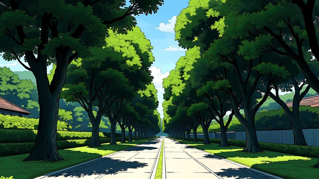 A manhwa-styled illustration of an avenue of broad-crowned trees casting dappled shade