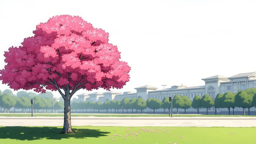 A manhwa-styled illustration of a trumpet tree