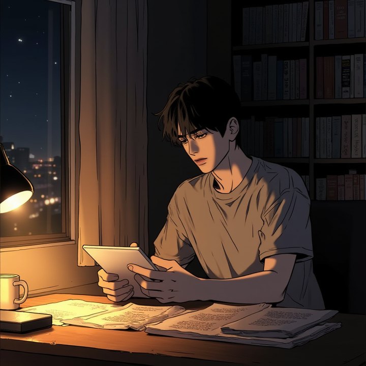 A manhwa-styled illustration of a young man at a desk at night, frowning at a tablet with printed pages spread in front of him