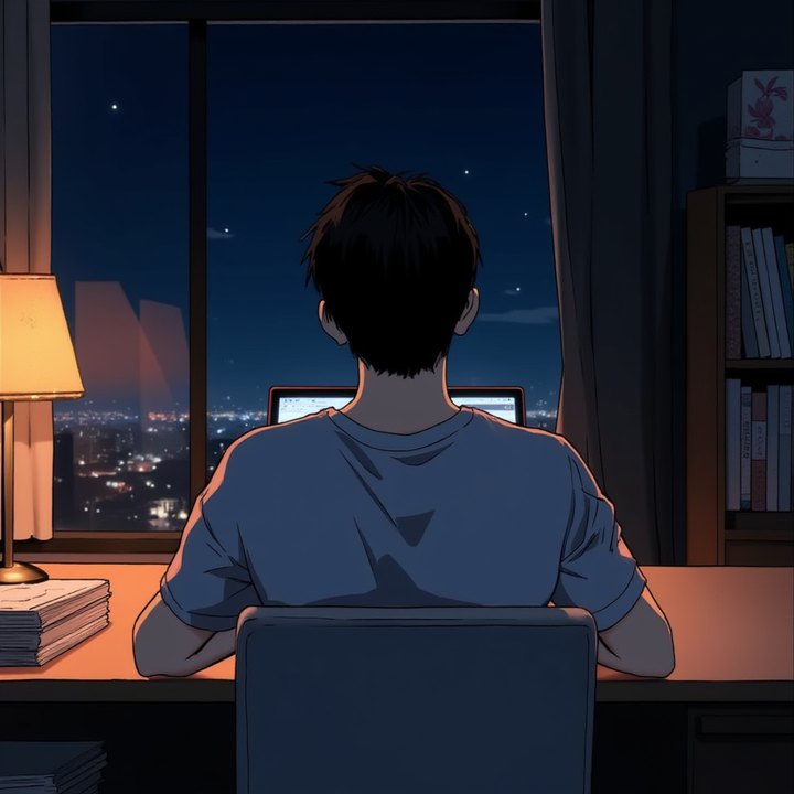 A manhwa-styled illustration seen over the shoulder of a young man typing at a laptop, a night window and city lights beyond the desk
