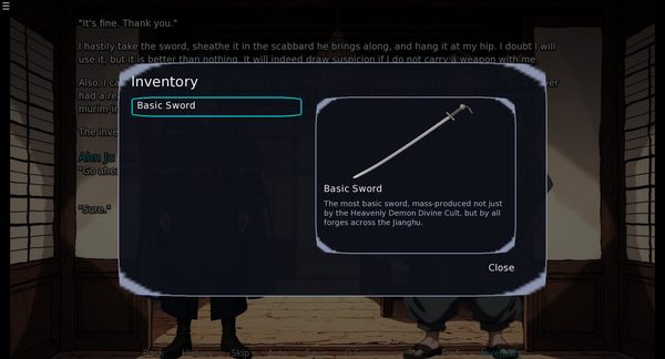 The in-game inventory open over a scene, showing the Basic Sword and its description