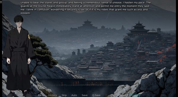 Tanaka Makoto on a mountain path above the Divine Palace, tiled roofs stretching into the mist