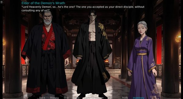The Elder of the Demon's Wrath, Cheon Ma, and an elder in purple robes in a red-draped hall