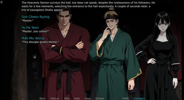 Son Cheon Ryong, Yu Ho Yeon and Mak Mu Yeong greeting their master in a dark hall