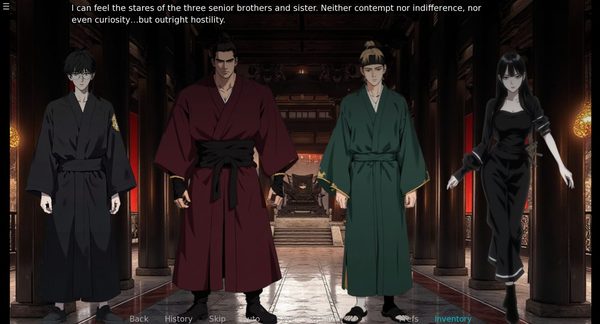 Tanaka Makoto facing the hostile stares of Son Cheon Ryong, Yu Ho Yeon and Mak Mu Yeong in the throne hall