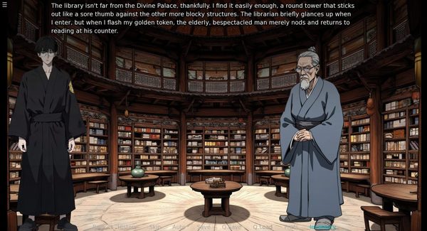 Tanaka Makoto and the elderly librarian in a round tower library lined with bookshelves