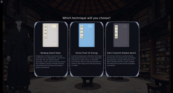 The technique choice screen — Wudang Sword Style, Divine Frost Yin Energy and Dark Crescent Shadow Sword