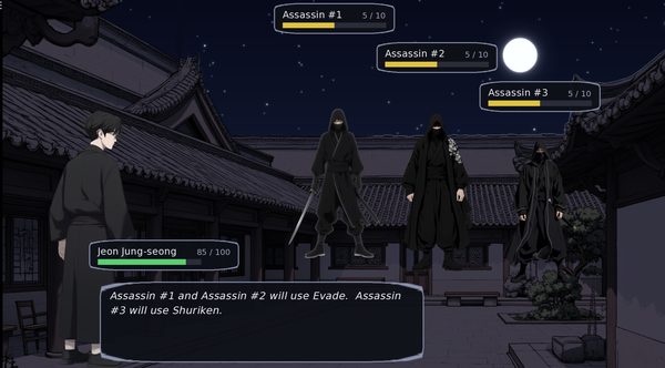 A rooftop battle at night — Jeon Jung Seong at 85 health against three assassins under a full moon