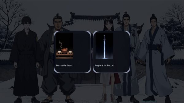 A choice screen offering two cards — persuade them, or prepare for battle