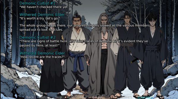 Demonic cultists and elders searching a snowy forest for traces of a fight