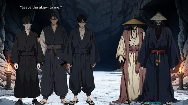 Three cultists facing two straw-hatted shamans in a torchlit cave