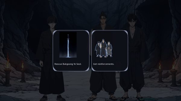A choice screen offering two cards — rescue Bukgoong Ye Seol, or get reinforcements