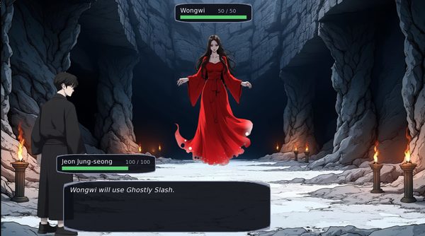 A battle against Wongwi, a red-robed spirit, in a torchlit cave