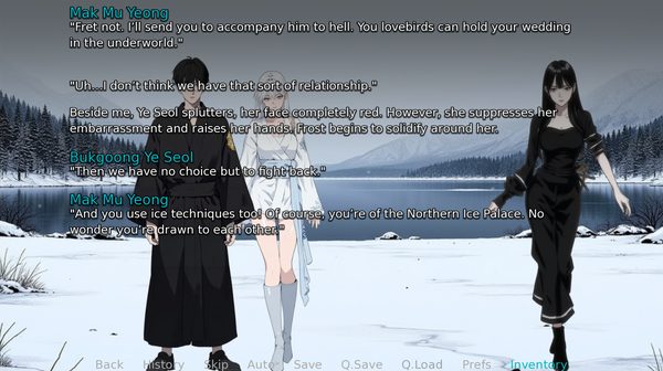 Mak Mu Yeong teasing Jeon Jung Seong and Bukgoong Ye Seol on a snowfield
