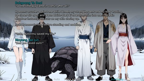 Bukgoong Ye Seol, a turtle beast and Moyong Jae Jun after the fight in the snow
