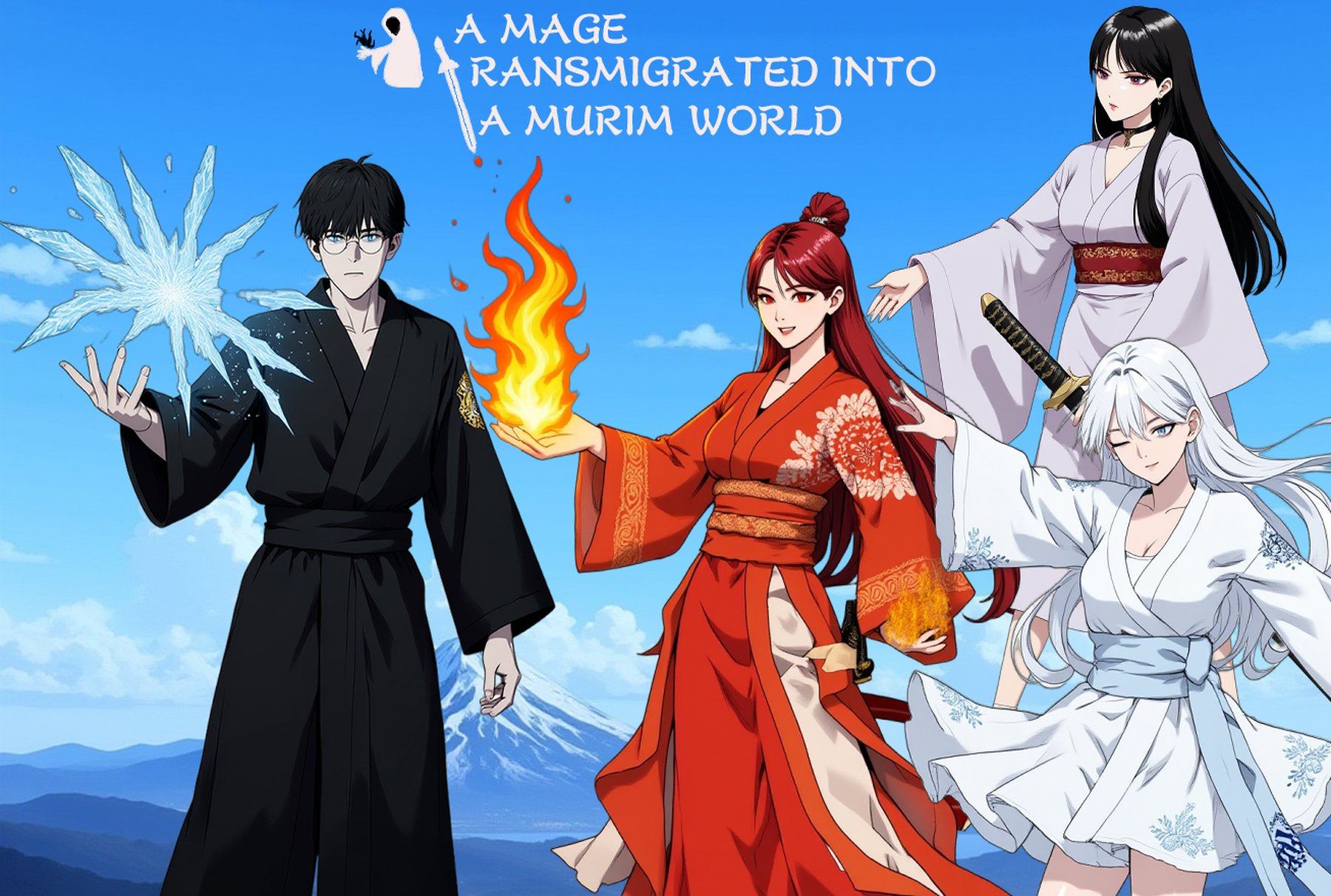 The cover art for A Mage Transmigrated into a Murim World — Tanaka Makoto holding an ice spell beside three women in red and white robes, against a snowy mountain