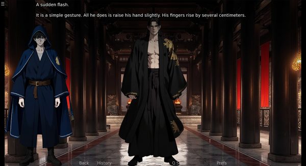 Tanaka Makoto in blue robes standing beside Cheon Ma in a pillared hall hung with red banners