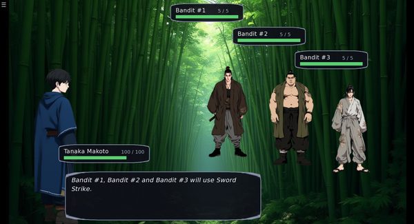 The turn-based battle screen — Tanaka Makoto at full health against three bandits in a bamboo forest