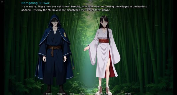Tanaka Makoto and Namgoong Ri Hwa talking on a bamboo path