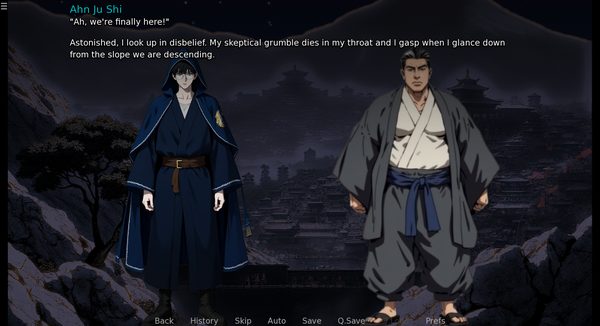Tanaka Makoto and Ahn Ju Shi on a night slope, a walled city spread out below them